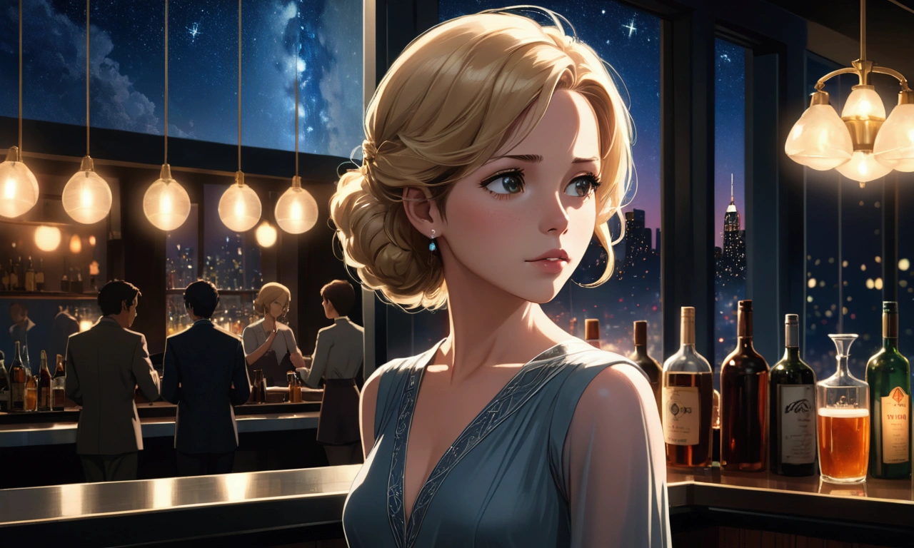 Uses Makoto Shinkai'A perfect portrayal of Kate Beckinsale,8k 4k masterpiece photo ,new york,Glass ceiling jazz bar,I can see the twinkling stars through the glass window.,that'Outside in the dark night,Jazz is playing,Profile close-up,Beautiful profile,Calm expression,Blonde,Look in a different direction,Standing alone at the counter,Grey dress,Large bust
