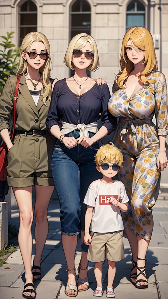 three sexy women walking and looking down at 4  boy with blonde hair and shorts, women touch behind of boy's head, women have flirtatious smiles, boy have sunglasses, women have various hair colors