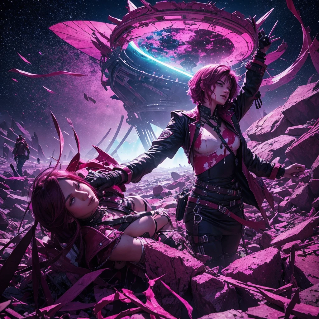 blood scavengers opposite world dream cyan magenta. A fight inside a broken mind. A splendid beautiful trans woman trying to emerge as the future in an astonishing panorama of end times.