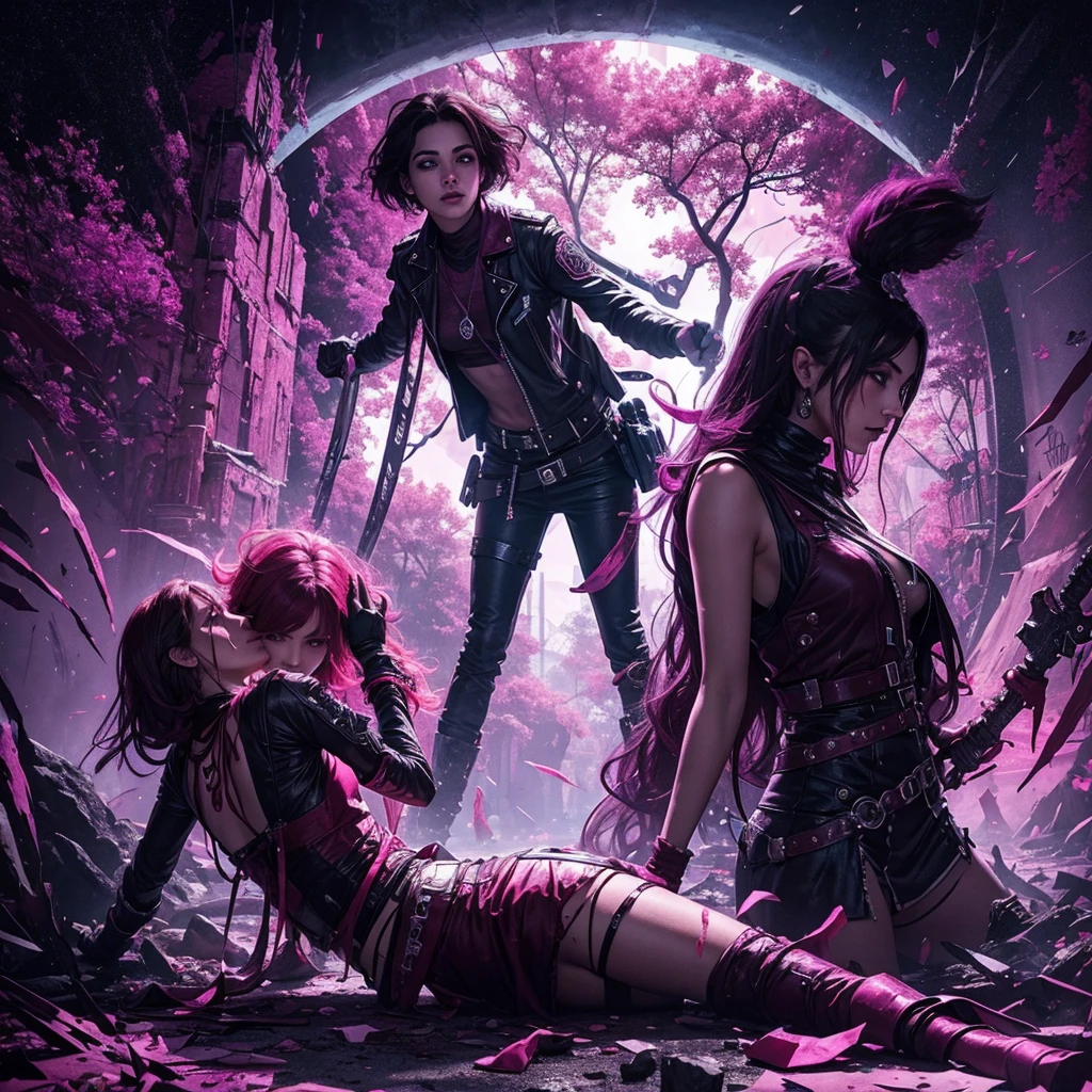 blood scavengers opposite world dream cyan magenta. A fight inside a broken mind. A splendid beautiful trans woman trying to emerge as the future in an astonishing panorama of end times.
