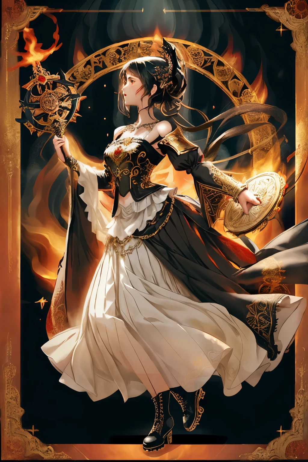 ((Finest quality)),(超A high resolution),(ultra-detailliert),(Meticulous portrayal),((Best Anime)),(Finest works of art),(Ultra-Precision Art),(The art of astounding depiction,Overwhelming depiction:1.5),(intricate and detailed art:1.6), (adult woman:1.5),(Hanging:1.6),Staring at this:1.4,sneering:1.5,(Armor shaped like a skeleton:1.3), (Black Flame:1.5), terrifying, nightmarish, cosmic horror, body horror, a heavenly female knight, imposing, biblical, very skinny, detailed, best quality, prominent collarbones, skinny arms, flat stomach, visible hip bones, full body, red and white clothing, occult aesthetic, occult, detailed and intricate steampunk and detailed gothic, Fluttering lace flared long knee length dress with frilly petticoats, knee length dress, pleated petticoats, petticoats gothic, complex lace boots, gothic aesthetic, wielding a mighty sword with mechanical components, mandalas, full body, whole body, body, chains,