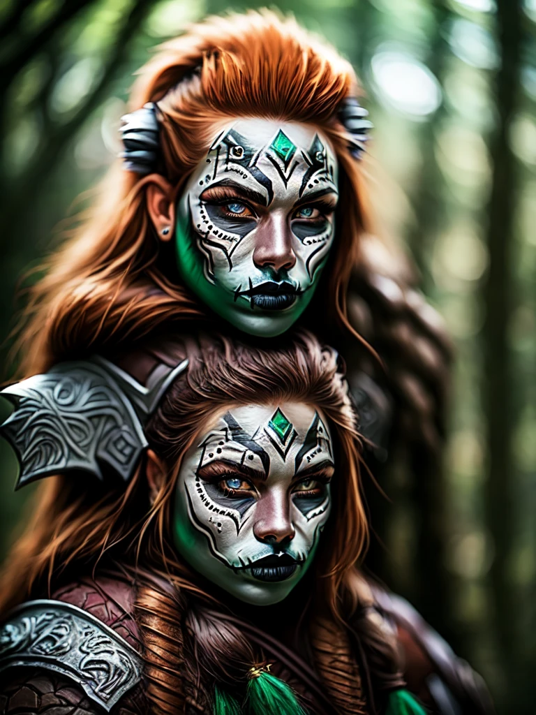 Male Mountain Dwarf, druid, Red beard, Emerald eyes, Bone piercings, black tribal face paint, wide angle, mountain background