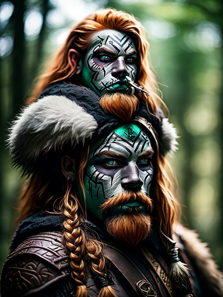 Male Mountain Dwarf, druid, Red beard, Emerald eyes, Bone piercings, black tribal face paint, wide angle, mountain background