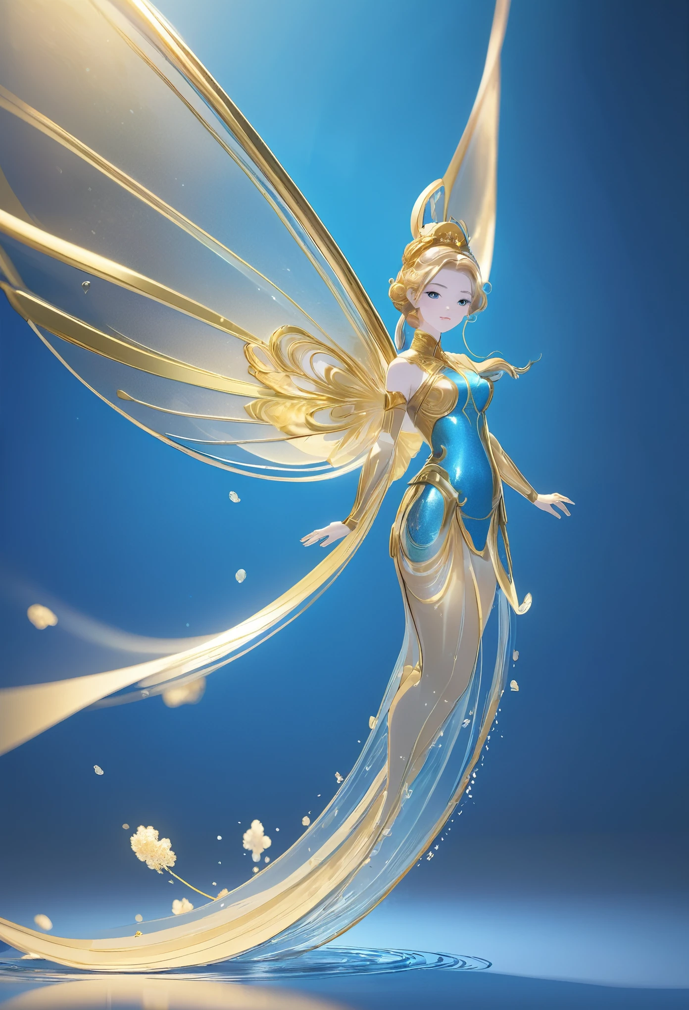 Unfolded rice paper,Open and place,Glass material,Chinese characters written in gold,transparent,, Blue, Light gold, OC Rendering, Dreamy, Combining the sense of ancient and future, 3D, Romantic Classical, Bioluminescence, A ray of light, Pale yellow, Clean background, Clear particles, Clear light and shadow, Real and virtual, Ultra-high resolution, Overall composition, Artistic and spatial sense 2