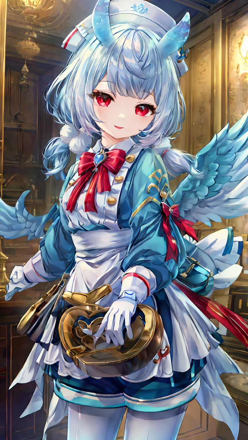 One girl, Shigewin \(Genshin Impact\), alone, Low twin tails, Animal ears, Red eyes, 青い髪 break (White Gloves 1.1), Red bow tie, Nurse cap, Princess Dress, White apron, Heart-shaped bag, Black shorts, (White Pantyhose:1.3) break エプロンの青いリボン, green shirt, Heart-shaped bag, white collar, Collared shirt, White waist ribbon, White Wings, Mini Wing, エプロンボウ break 視聴者を見る, 被写界深度 break looking at viewer, (Cowboy Shot:1.5), smile,下から構figure, Thighs, sexy, break (masterpiece:1.2), Highest quality, High resolution, unity 8k wallpaper, (figure:0.8), (美しいFine grain:1.6), Highly detailed face, Perfect lighting, Highly detailed CG, (Perfect hands, Perfect Anatomy) break ((masterpiece,Highest quality)), Super detailed, Shine, Shine光, Ray Tracing, (Perfect Face, Detailed face, Fine grain, Perfect hands, Perfect Fingers:1.5), HD, Super cute face, Highest quality, Super detailed break Shine目, (Highest qualityの写実的なイラスト), (Super fine), (Cute illustrations:1.3), (High chroma:1.3), Beautiful detailed face and eyes, Dynamic lighting, (Very delicate and beautiful) break (Nice hands), (Perfect hands:1.4), Highly detailed illustration, Super cute and beautiful, Highest quality, slender, ,Baby Face, break 病院, Medical equipment, (Cute Background, There are many elements in the background:1.2),((Super detailedな背景)), ((8K wallpaper))
