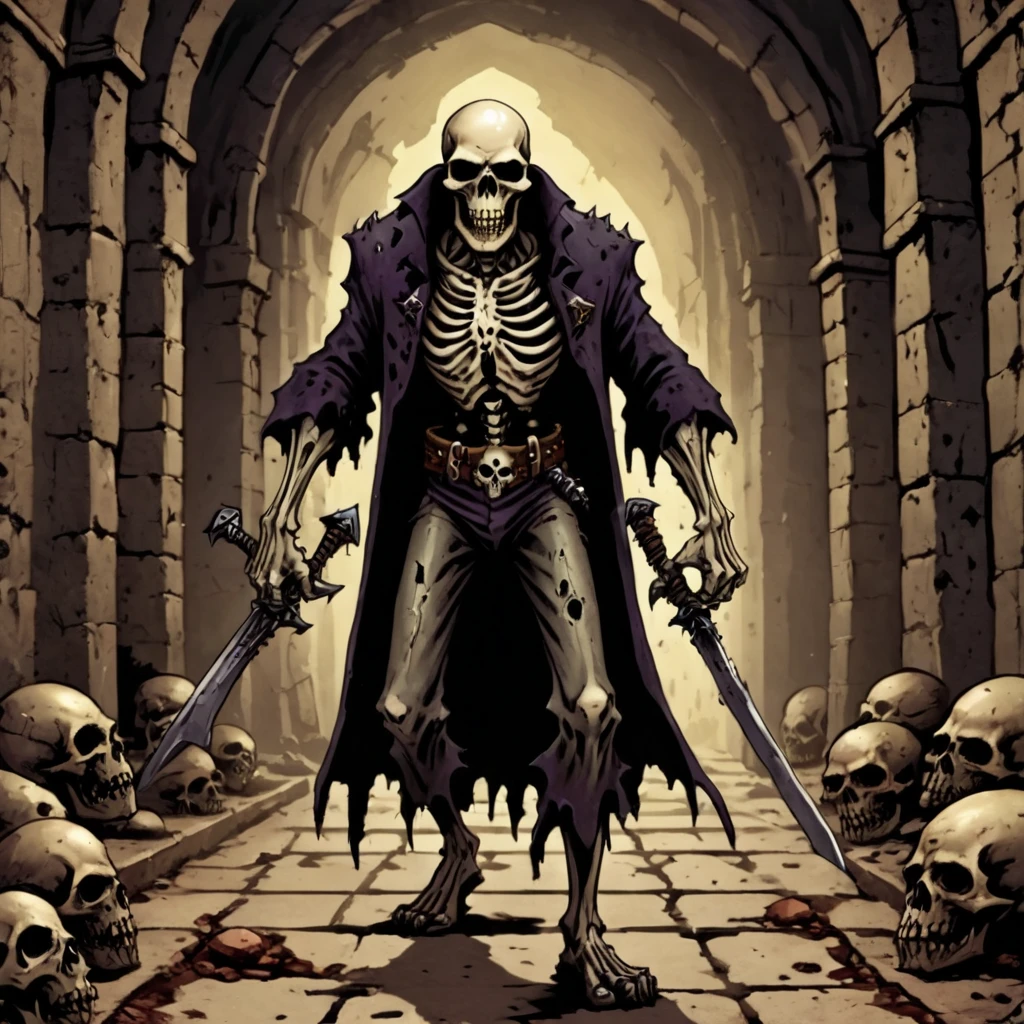 The king of the undead walks alone, bогатое платье, cellar, skull , devastation, dungeon, classic D&style D, b/V, Best quality:1.2) (sharp focus:1.1), очень подроbный, , character sheet