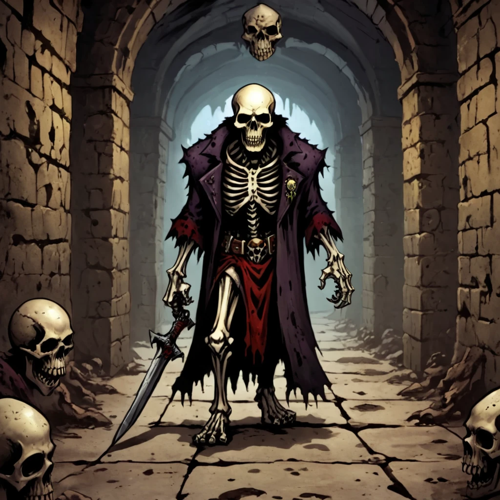 The king of the undead walks alone, bогатое платье, cellar, skull , devastation, dungeon, classic D&style D, b/V, Best quality:1.2) (sharp focus:1.1), очень подроbный, , character sheet