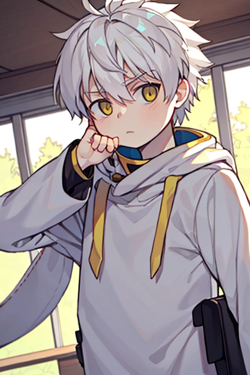white natural hair, warm clothing, yellow eyes