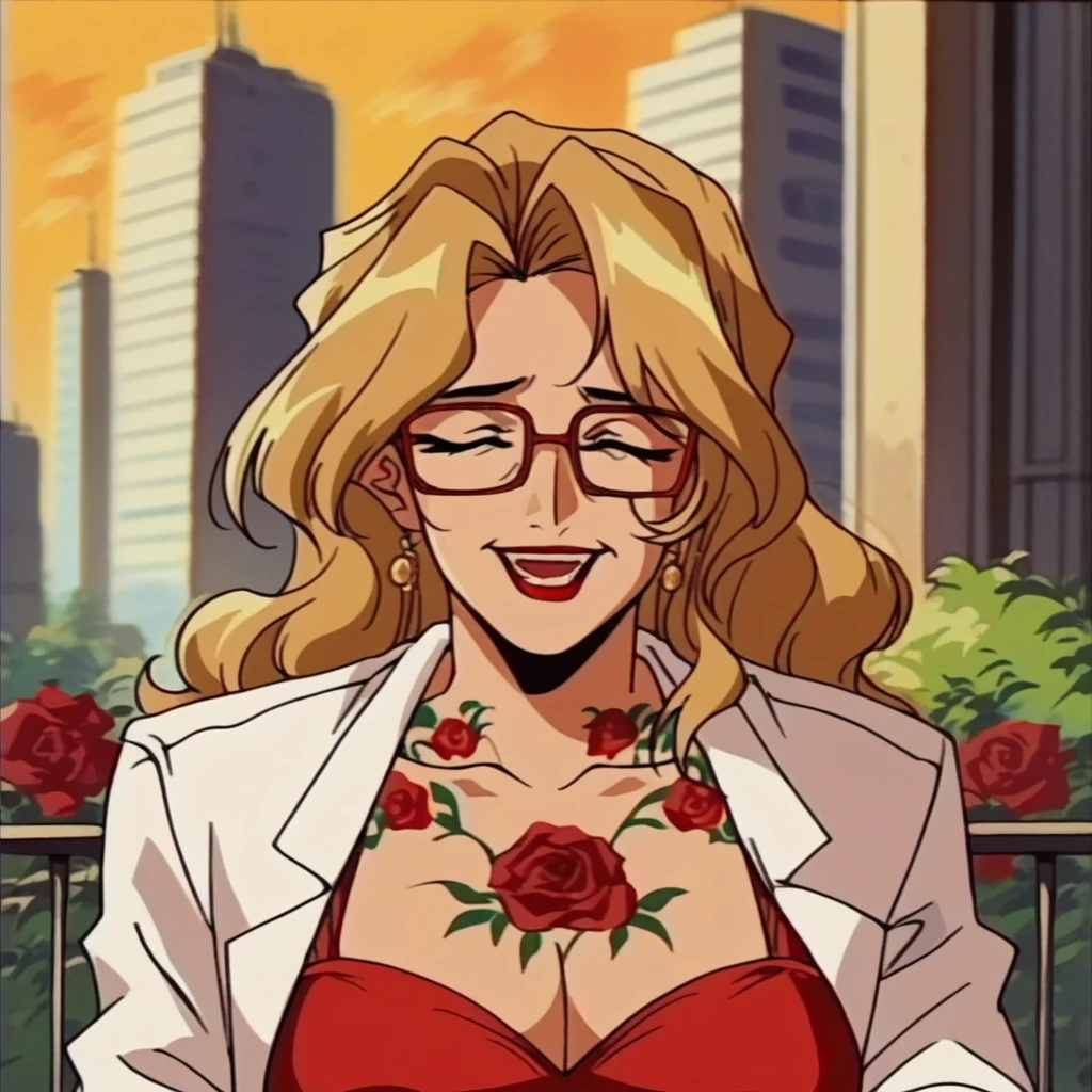 beautyful mature woman, blonde wavy hair, encorped body, red glasses, red lipstick, red cleavage dress, golden corset, whole body roses tattoos, white jacket,in city, morning, milf, red eyes, large breasts, sensual, laugh, sit