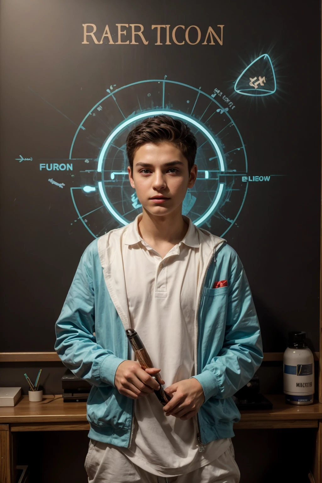 A beautiful young male twink, cute, with black hair, a face with reddish make-up, wearing a bright white long-sleeved shirt and aqua blue pants. He is in his office, and behind him is a blackboard on which is written the shape of the brain and its anatomy. Nuclear energy emerges from it, and in his hand is a magic wand that emits... Neon radiation with neurons and a flag written on it.