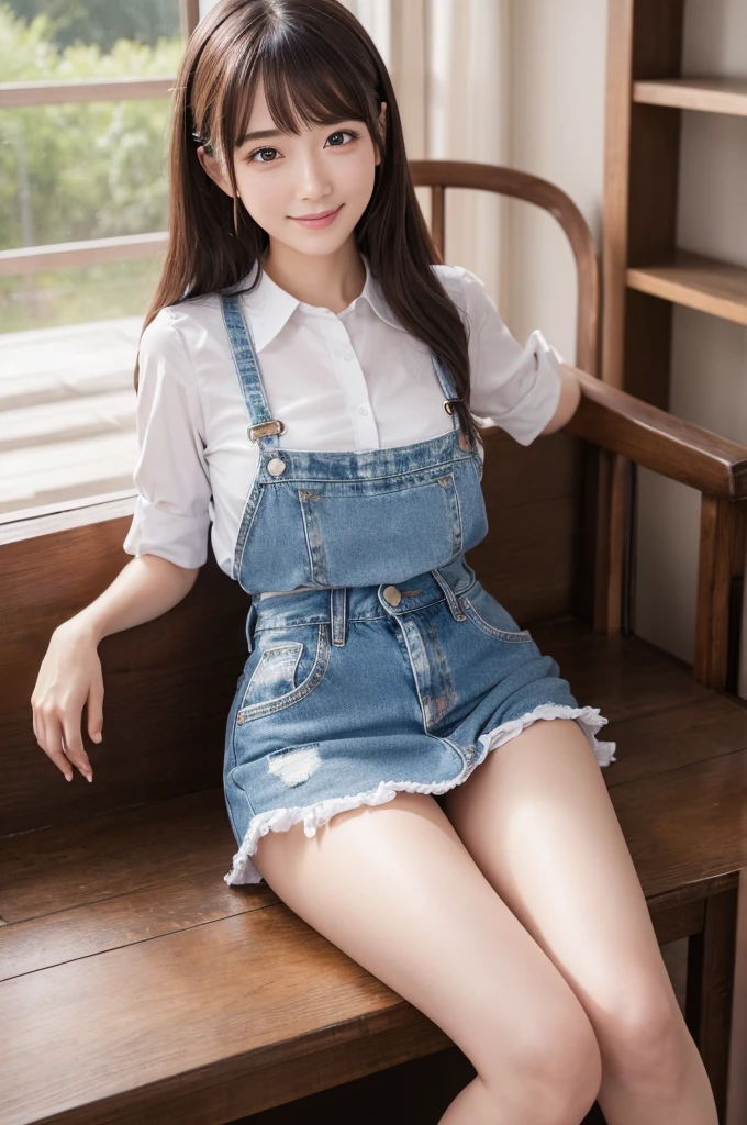 Unbelievably absurd, (Very detailed: 1.3), 8K, (masterpiece), (Highest quality: 1.4), (Ultra-high resolution: 1.2), (RAW Photos: 1.2), Very detailed背景, (ユニティ 8K 壁紙), Nogizaka Anime Girls,Big Eyes、A radiant smile、Long legs、Small hands、Casual Denim、Maid clothes、Nipples are visible, No clothes、Sitting and spreading your crotch