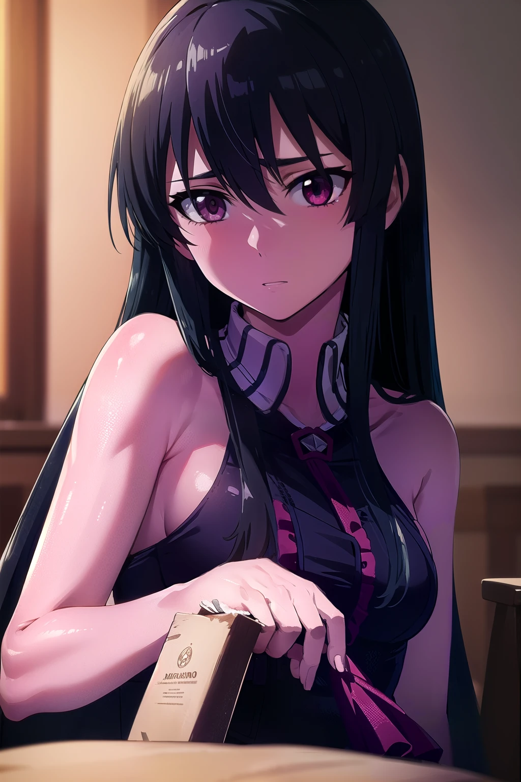 A highly detailed portrait of a beautiful girl with long black hair, red eyes, and hair between her eyes, wearing a black bikini, posing in a pool with a wet body, large breasts, and blushing expression, (best quality,4k,8k,highres,masterpiece:1.2),ultra-detailed,(realistic,photorealistic,photo-realistic:1.37),intricate details,hyper realistic,highly detailed facial features,extremely detailed eyes and face,longeyelashes,very detailed skin,vivid colors,cinematic lighting,dramatic lighting,depth of field,award winning,professional photography. 

Estilo anime, Akamegakill, abdomen definido, abdomen marcado.