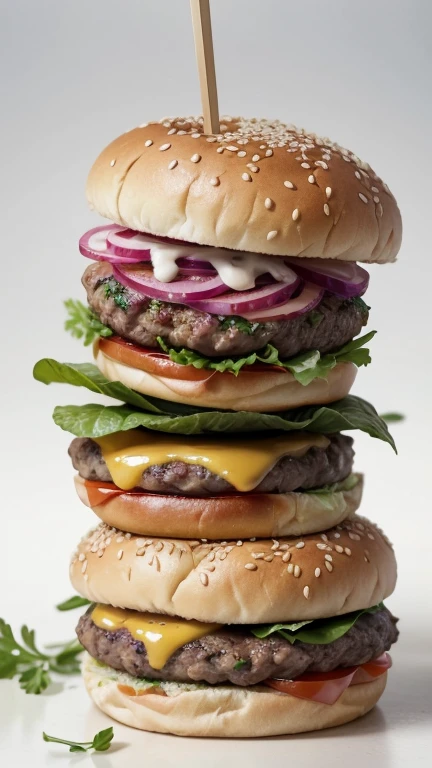Realistic image of a very tasty burger with alfalfa inside on a white background, 8k resolution