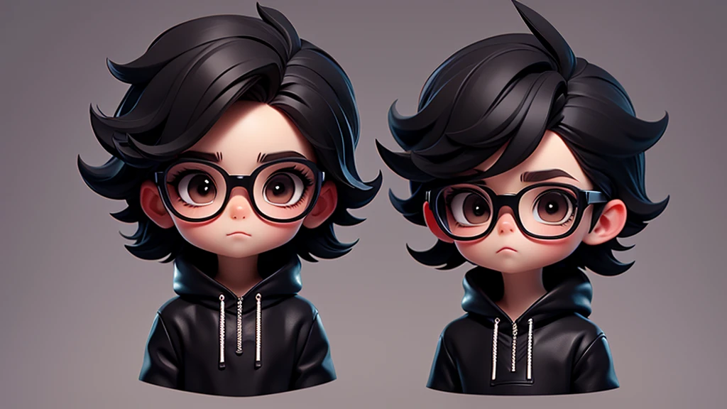 gothic boy chibi with black pullover, dark brown eyes, black glasses, Short texture crop style hair. Clear Background