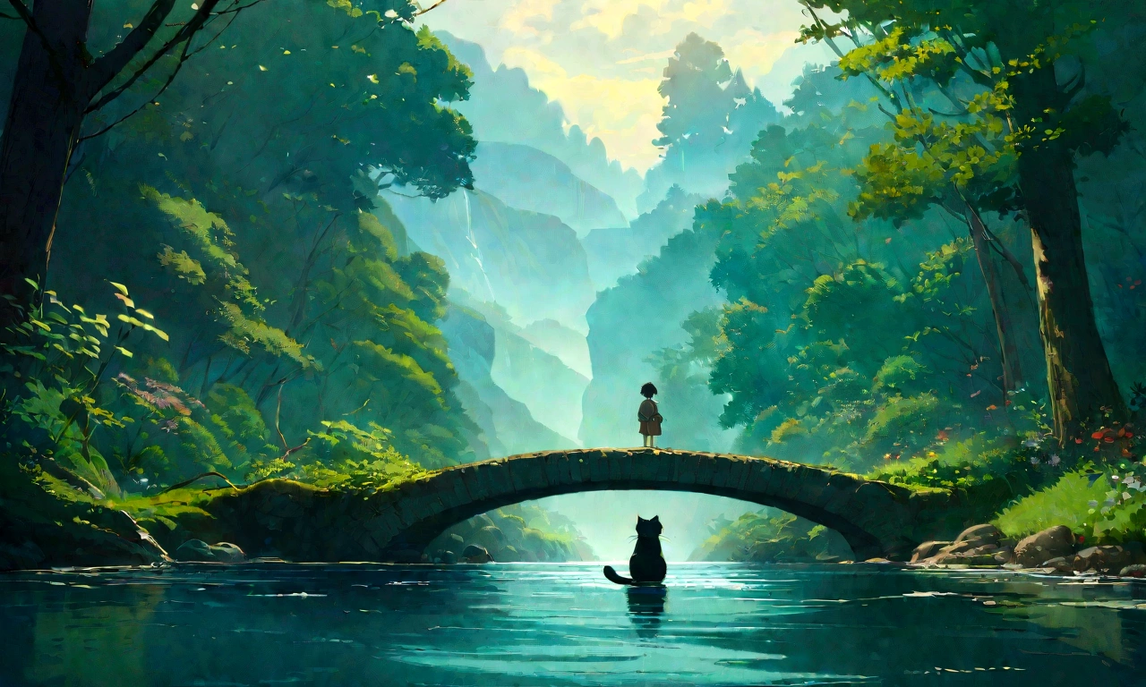Studio Ghibli-style anime movies, Movie stills, Highest quality, masterpiece, Representative works, Official Art, Professional, Super intricate details, 8K,There is a cat in the distance, in the forest、relax、river
