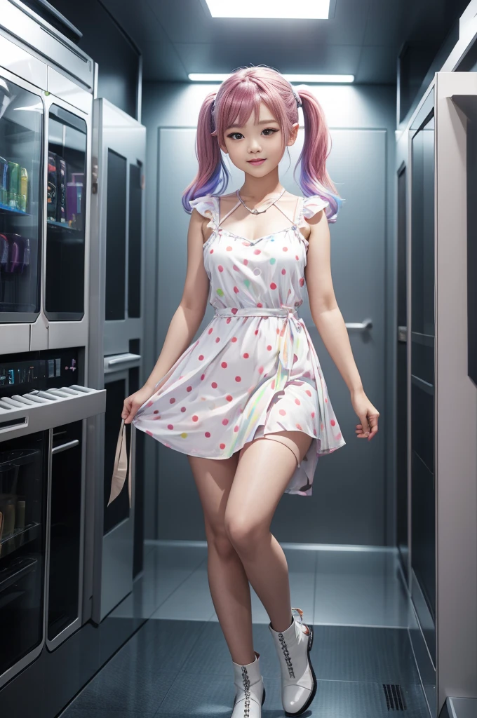 Cute redhead, gravure Idol, with rainbow colored hair tips, ribbons in her hair, 18-year-old woman, happy, in twin tails, perfect symmetrical eyes, clear sparkling blue eyes, pale skin, silky smooth skin, standing on a fancy luxurious space ship, large futuristic corridor, control panels, wood trim, decorative plants, warm lighting, wearing a futuristic party dress, pleated (chemise) mini dress (pastel rainbow colors, and polka dots), wearing full body pantyhose, cute short cut booties, มีผู้หญิงคนหนึ่งยืนอยู่บนท่าเรือในหมู่บ้านแห่งหนึ่ง, เรนเดอร์แฟนตาซีที่สมจริง, สไตล์แฟนตาซี 8 k การเรนเดอร์ค่าออกเทน, การเรนเดอร์ 3 มิติและการลงสีแบบด้าน, แนวคิดศิลปะการถ่ายภาพภาพยนตร์, (การเรนเดอร์ค่าออกเทน) สไตล์แฟนตาซี, Japonisme 3 d 8 k ละเอียดเป็นพิเศษ, 2. งานศิลปะแฟนตาซีอะนิเมะ 5d cgi, ภาพศิลปะแนวคอนเซ็ปต์ที่แท้จริงที่น่าทึ่ง, งานศิลปะในรูปแบบของกูไวซ์