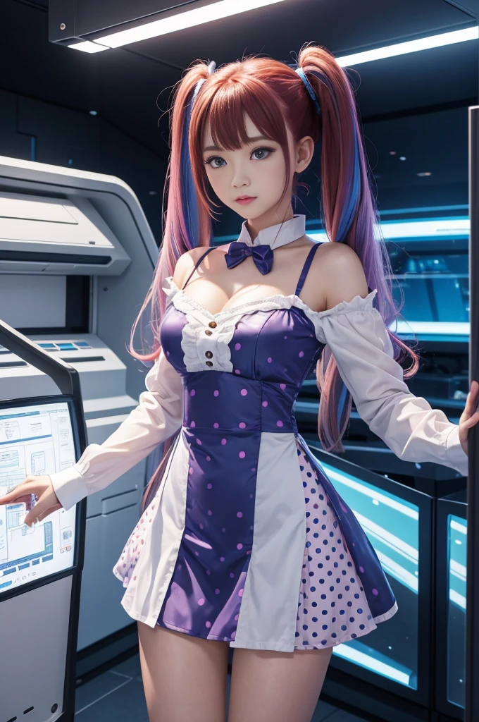 Cute redhead, gravure Idol, with rainbow colored hair tips, ribbons in her hair, 18-year-old woman, happy, in twin tails, perfect symmetrical eyes, clear sparkling blue eyes, pale skin, silky smooth skin, standing on a fancy luxurious space ship, large futuristic corridor, control panels, wood trim, decorative plants, warm lighting, wearing a futuristic party dress, pleated (chemise) mini dress (pastel rainbow colors, and polka dots), wearing full body pantyhose, cute short cut booties, มีผู้หญิงคนหนึ่งยืนอยู่บนท่าเรือในหมู่บ้านแห่งหนึ่ง, เรนเดอร์แฟนตาซีที่สมจริง, สไตล์แฟนตาซี 8 k การเรนเดอร์ค่าออกเทน, การเรนเดอร์ 3 มิติและการลงสีแบบด้าน, แนวคิดศิลปะการถ่ายภาพภาพยนตร์, (การเรนเดอร์ค่าออกเทน) สไตล์แฟนตาซี, Japonisme 3 d 8 k ละเอียดเป็นพิเศษ, 2. งานศิลปะแฟนตาซีอะนิเมะ 5d cgi, ภาพศิลปะแนวคอนเซ็ปต์ที่แท้จริงที่น่าทึ่ง, งานศิลปะในรูปแบบของกูไวซ์