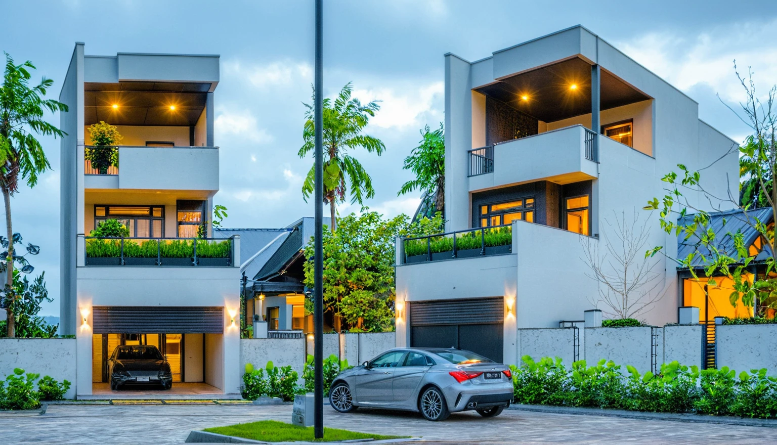 Masterpiece, high quality, best quality, authentic, super detail, outdoors, onestoreyvillaXL, aiaigroup, house style modern on the street ,stairs, white wall ,road,pavement, grass, trees, sky, cloud, (daylight:1.1)