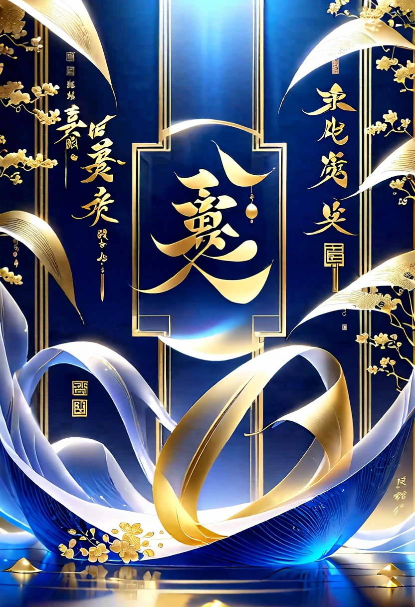Unfolded rice paper,Open and place,Glass material,Chinese characters written in gold,transparent,, Blue, Light gold, OC Rendering, Dreamy, Combining the sense of ancient and future, 3D, Romantic Classical, Bioluminescence, A ray of light, Pale yellow, Clean background, Clear particles, Clear light and shadow, Real and virtual,  Ultra-high resolution, Overall composition, Artistic and spatial sense 2