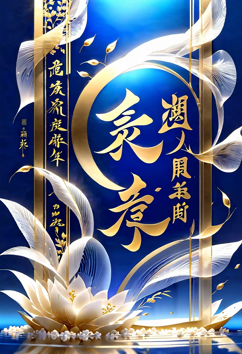 Unfolded rice paper,Open and place,Glass material,Chinese characters written in gold,transparent,, Blue, Light gold, OC Rendering, Dreamy, Combining the sense of ancient and future, 3D, Romantic Classical, Bioluminescence, A ray of light, Pale yellow, Clean background, Clear particles, Clear light and shadow, Real and virtual,  Ultra-high resolution, Overall composition, Artistic and spatial sense 2