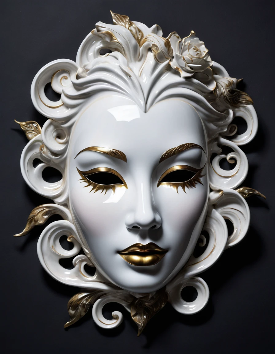 An exquisitely detailed porcelain mask of a beautiful feminine face recumbent on a black background, with a mysterious and enchanting twist. Shiny, dark tendrils of shadow emerge from behind the mask, giving it an ethereal and otherworldly appearance. The realistic shading, reminiscent of Norman Rockwell's style, gives the mask a three-dimensional effect and a subtle backlight. The overall atmosphere is both captivating and slightly eerie, drawing the viewer into the mysterious world of the enchanted mask.