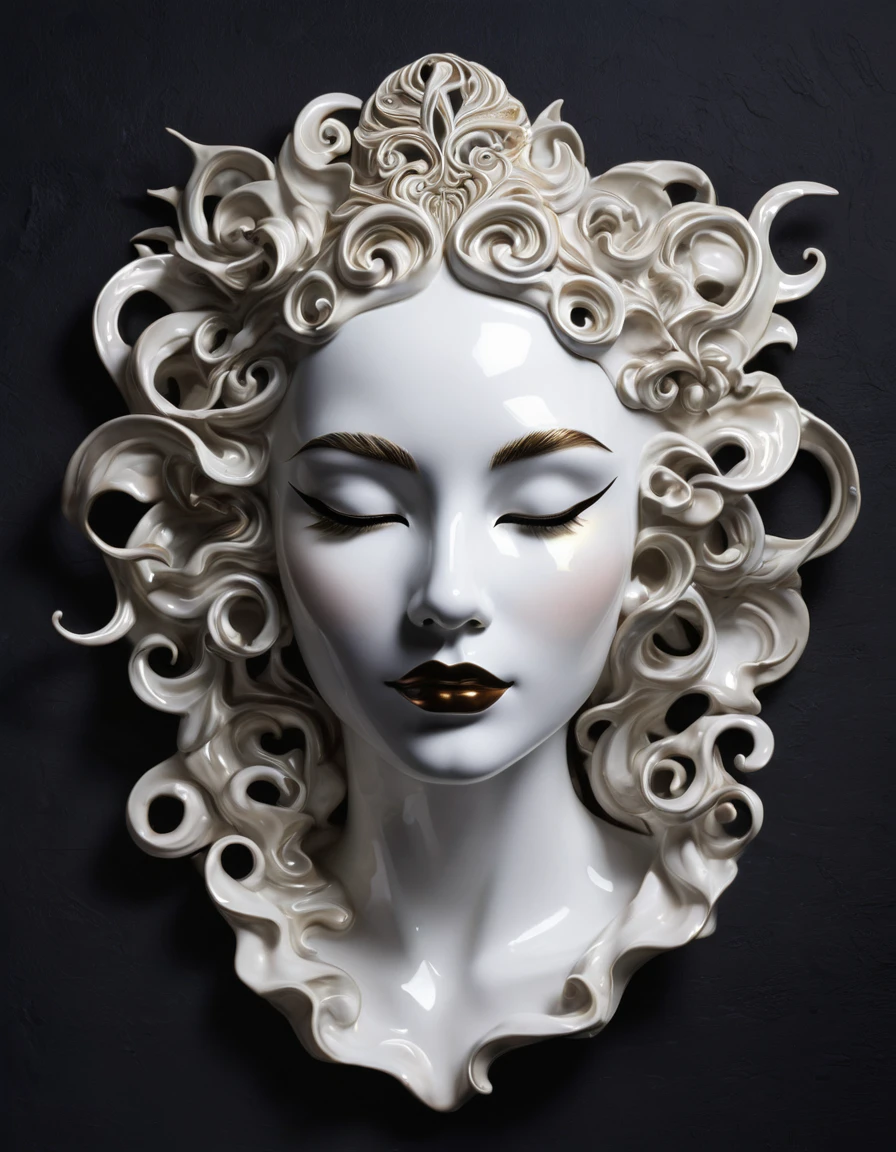 An exquisitely detailed porcelain mask of a beautiful feminine face recumbent on a black background, with a mysterious and enchanting twist. Shiny, dark tendrils of shadow emerge from behind the mask, giving it an ethereal and otherworldly appearance. The realistic shading, reminiscent of Norman Rockwell's style, gives the mask a three-dimensional effect and a subtle backlight. The overall atmosphere is both captivating and slightly eerie, drawing the viewer into the mysterious world of the enchanted mask.