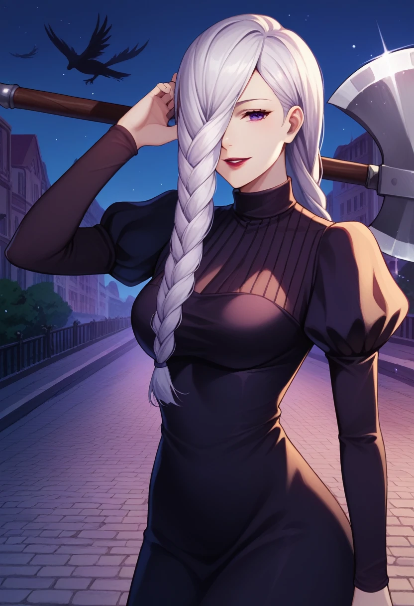 score_9_up, score_8_up, score_7_up, 1girl, solo, mature female, mei mei, (((holding axe))), (((large axe))), hand in hair, crow on shoulder, looking at viewer, white hair, braid, hair over one eye, half closed eye, braided ponytail, braided bangs, purple eye, red lips, parted lips, smile, long sleeves, dress, puffy sleeves, black dress, juliet sleeves, turtleneck dress, outdoors, night time, city, standing