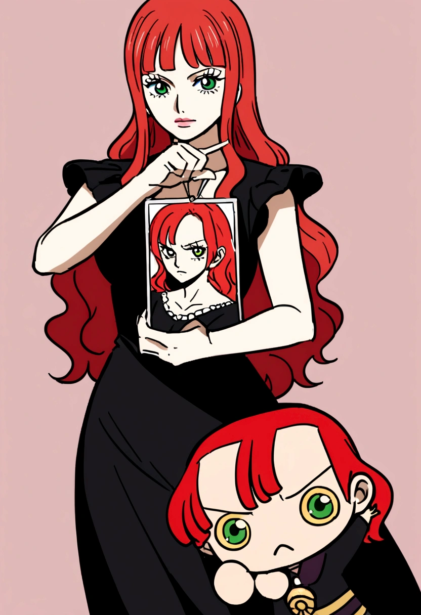 Anime girl with long red hair, in dark dress, greeneyes, Estilo One Piece, simple background, posing to photo