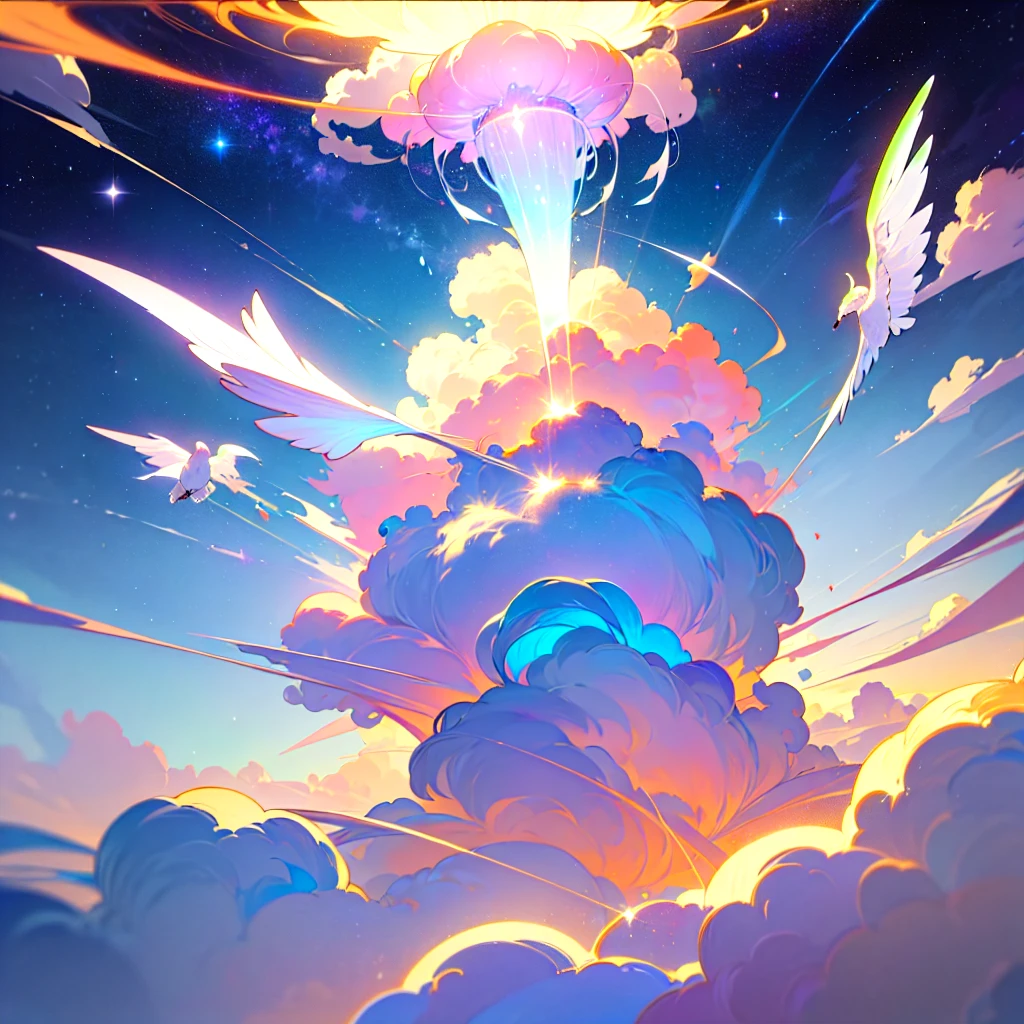 (Best quality),(masterpiece),(ultra detailed),(high detailed),(extremely detailed),Subject: Anime Sky Dreamscapes
Medium: Digital illustration or traditional painting.
Resolution: 4000x2000 pixels.
Color Palette: Soft pastel colors with a mix of vibrant hues.
Mood: Magical, ethereal, and serene.
Composition: Expansive skies with floating islands, whimsical clouds, and other dreamlike elements.
Lighting: Soft, diffused lighting with a warm, golden glow.
Style: Anime-inspired with a touch of fantasy and surrealism.
Details: Include elements such as shooting stars, colorful nebulae, fluffy clouds, and mystical creatures.
Inspiration: Anime fantasy worlds, Studio Ghibli films, surreal art, and celestial imagery.
Camera Setup: None (since it's a digital illustration).
Additional Notes: Emphasize the vastness and beauty of the sky by creating a sense of depth and space. Experiment with various cloud formations and shapes, ranging from fluffy cumulus clouds to wispy cirrus clouds. Incorporate celestial elements like moons, stars, and galaxies to enhance the dreamy atmosphere. Use soft brush strokes and blending techniques to create a seamless and ethereal look. Play with lighting effects, such as gentle rays of sunlight or glowing orbs, to add a magical touch. Consider adding whimsical creatures like flying dragons or floating jellyfish to bring a sense of wonder to the scene. Don't be afraid to let your imagination soar and create a dreamlike world that captures the essence of anime fantasy.