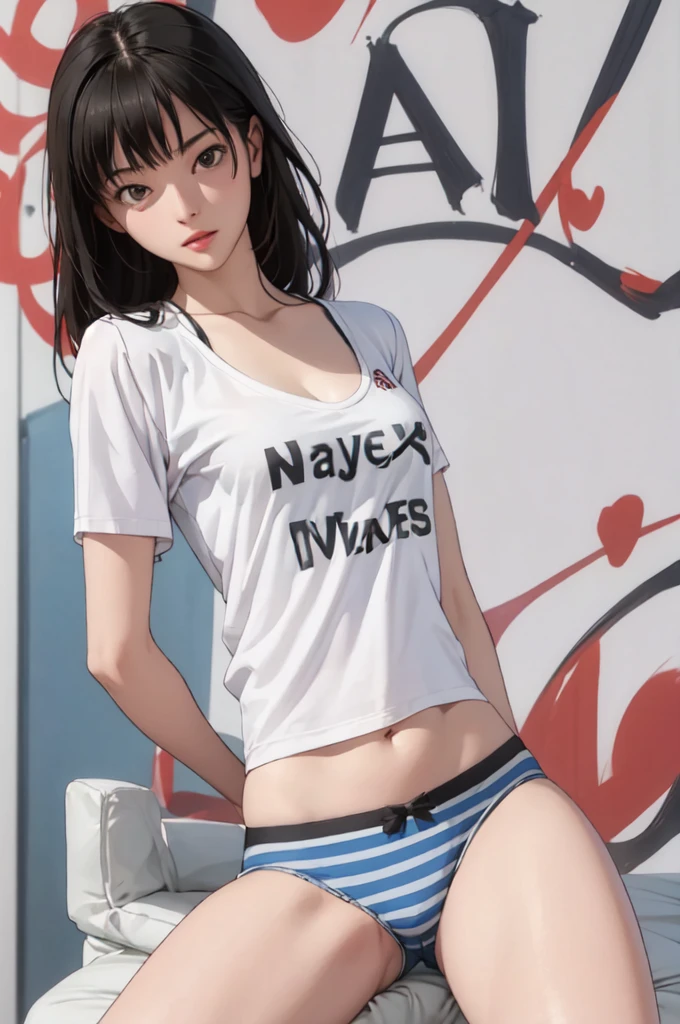 ((masterpiece, best quality)),((highres:1.2)), 1 Girl, solo, Blurred Background, (((Small breasts))), Thighs, (Stripe underwear), NIKE T-Shirts,