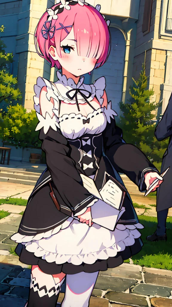 Rem Handing a love letter to the viewer with her cheeks a little blushing