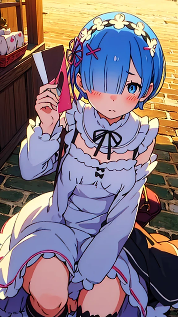 Rem Handing a love letter to the viewer with her cheeks a little blushing 