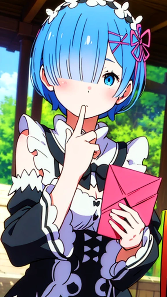 Rem Handing a love letter to the viewer with her cheeks a little blushing 