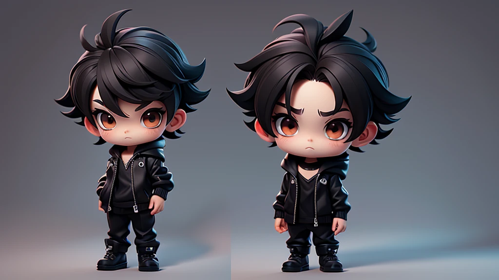 gothic boy chibi with black pullover, dark brown eyes, Short texture crop style hair. Clear Background