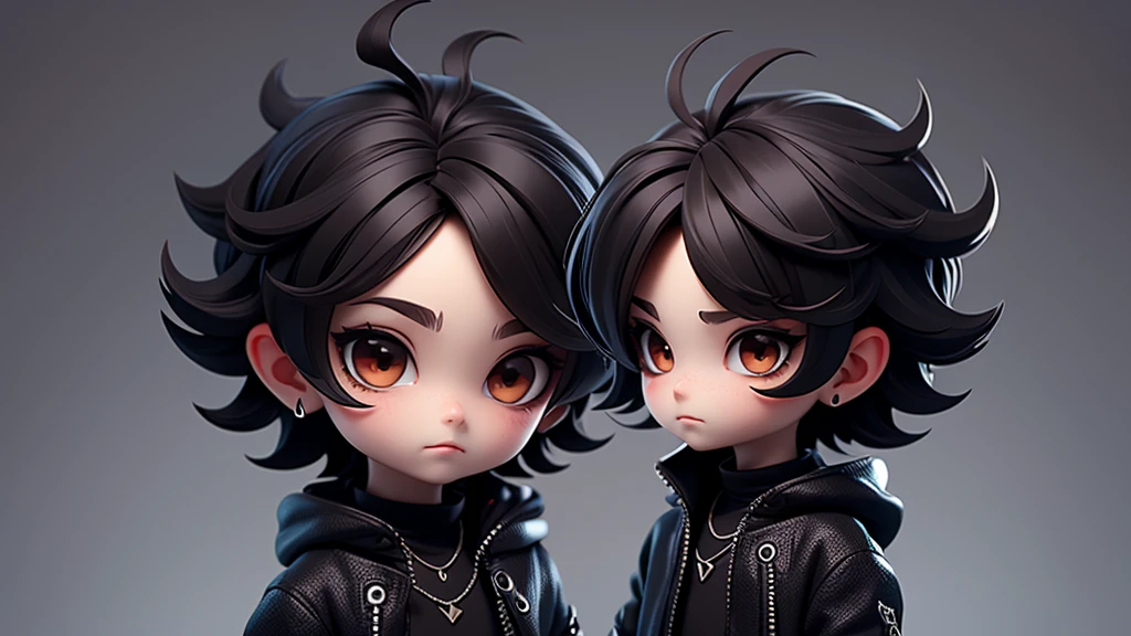gothic boy chibi with black pullover, dark brown eyes, Short texture crop style hair. Clear Background
