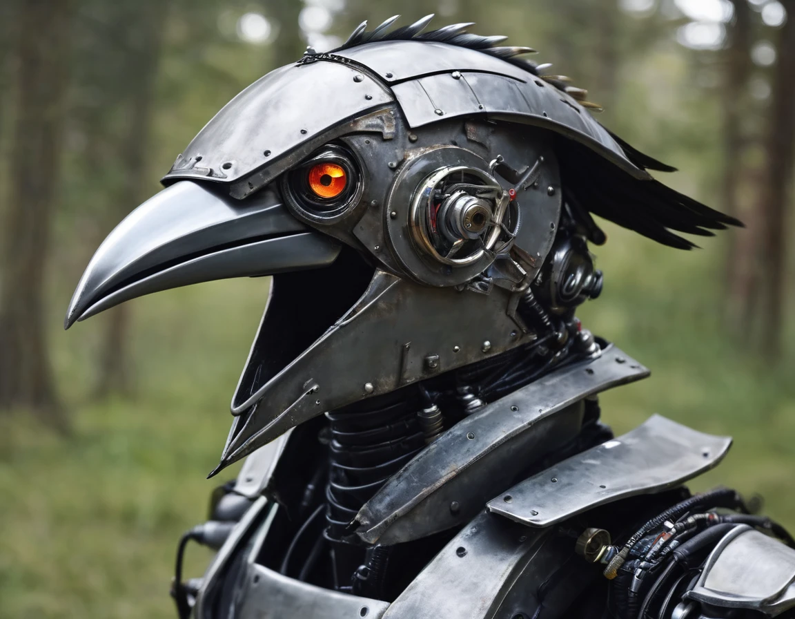 crow head metal helmet robot,beak , sci fi, cyberpunk logo style
