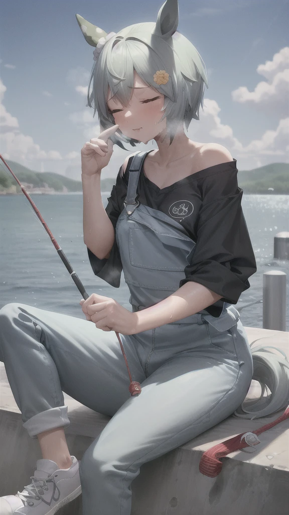 (nsfw:1.1),masterpiece, best quality, 
seiun sky \(umamusume\), 
suspenders pants, overalls jumpsuits, black shirt, short sleeves, white footwear, sneakers, one-side off shoulder,
blue sky, yawning, closed eyes, sitting on wharf, fishing
