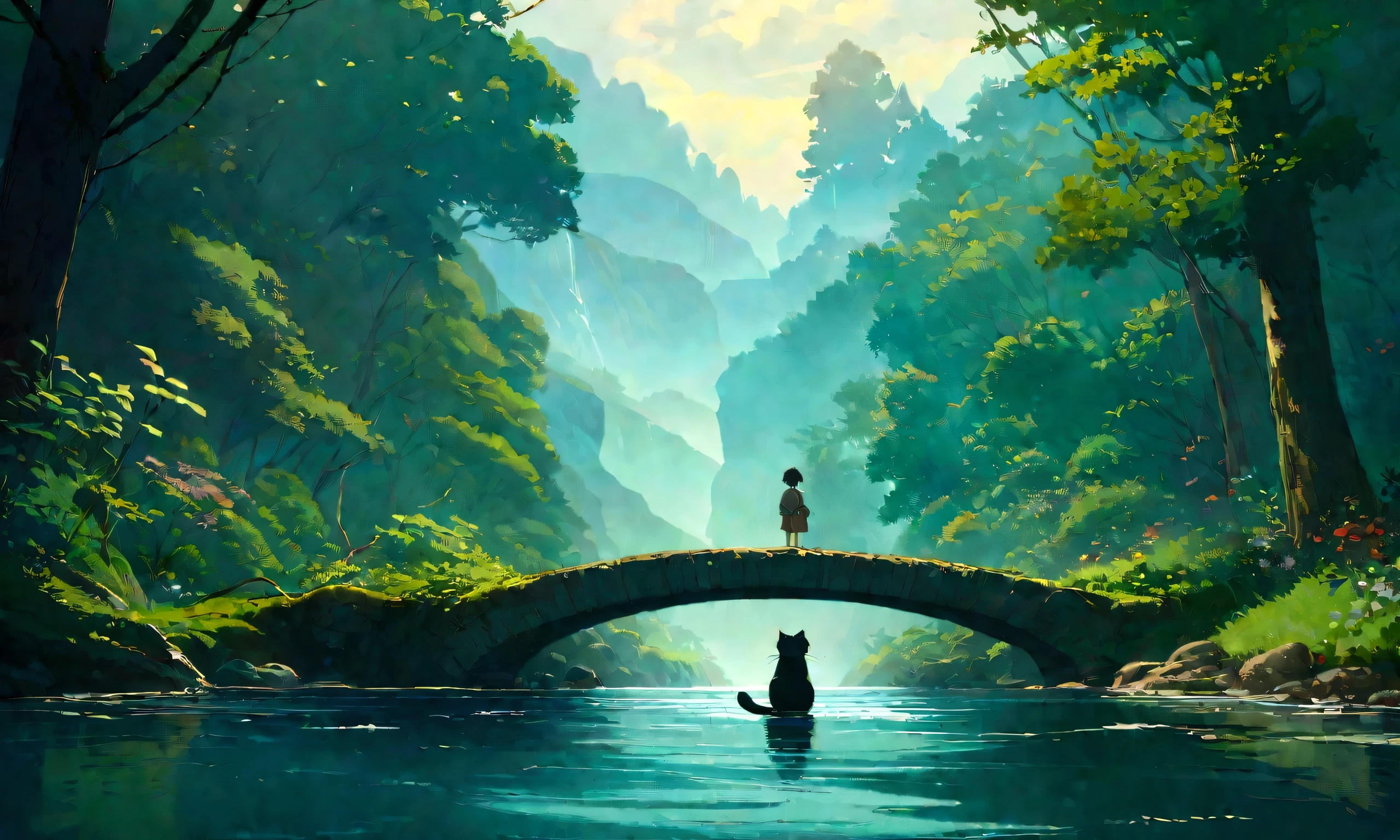 Studio Ghibli-style anime movies, Movie stills, Highest quality, masterpiece, Representative works, Official Art, Professional, Super intricate details, 8K,There is a cat in the distance, in the forest、relax、river