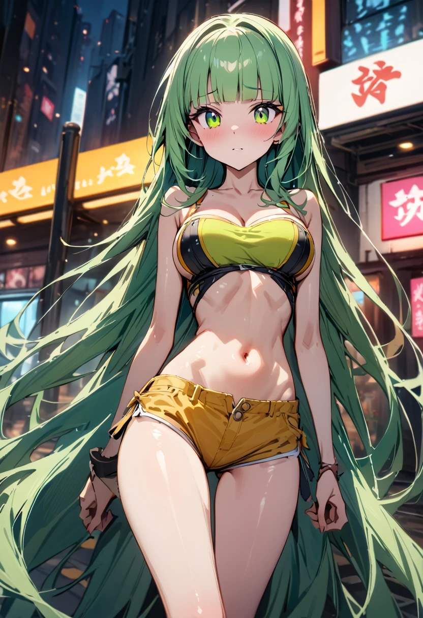 ((masterpiece,Highest quality:1.3)),cowboy shot,1woman,30 year old beauty、独奏,((very small head:1.5)),green hair,long hair,blunt bangs,green eyes,gorgeous eyes,shy、Staring at the audience、medium breasts,((very long body:1.4)),(toned body,slender body,skinny),gleaming skin,shiny skin,oily skin,Lime green tube top bra、navel、Yellow micro shorts、on street,Metropolis,neon、World of Blade Runner、