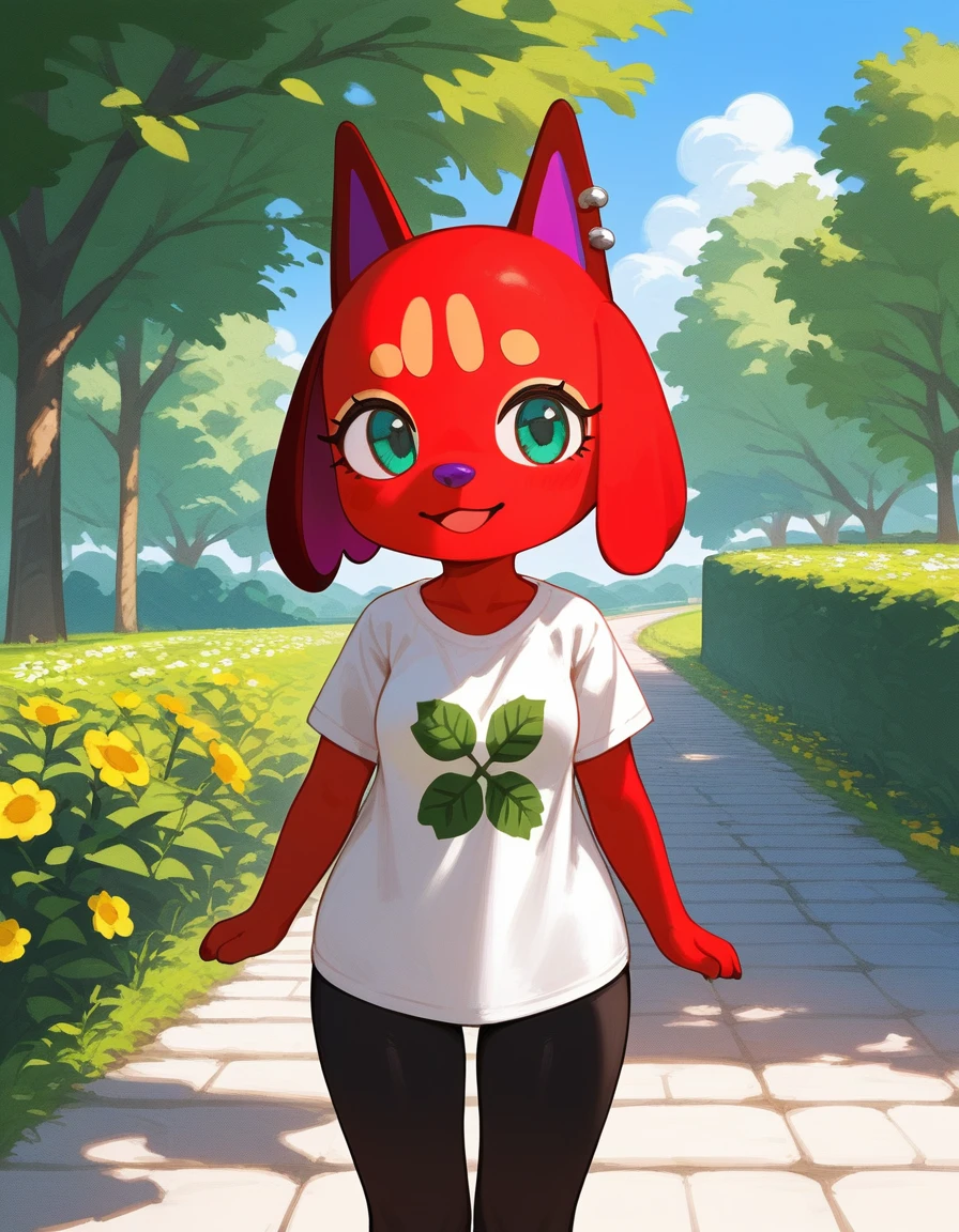 Solo, score_9,score_8_up,score_7_up, zPDXL,cherry (animal crossing), purple nose, red fur, teal eyes, furry female, Anthro dog girl, ear piercing, webbed shirt, black leggings, looking at viewer, smiling, upper body shot, standing, outside, stone path, trees, flowers, blue sky,