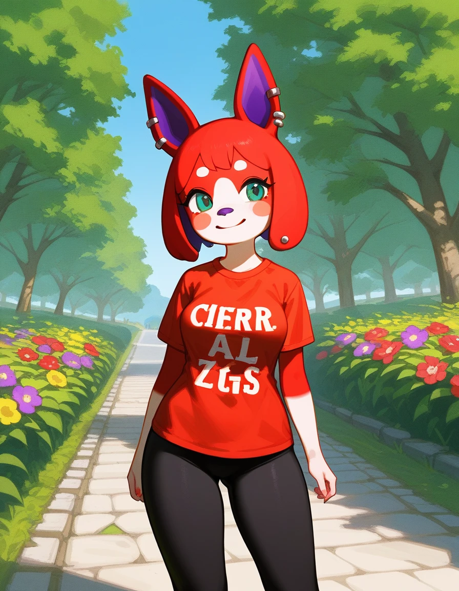 Solo, score_9,score_8_up,score_7_up, zPDXL,cherry (animal crossing), purple nose, red fur, teal eyes, furry female, Anthro dog girl, ear piercing, webbed shirt, black leggings, looking at viewer, smiling, upper body shot, standing, outside, stone path, trees, flowers, blue sky,