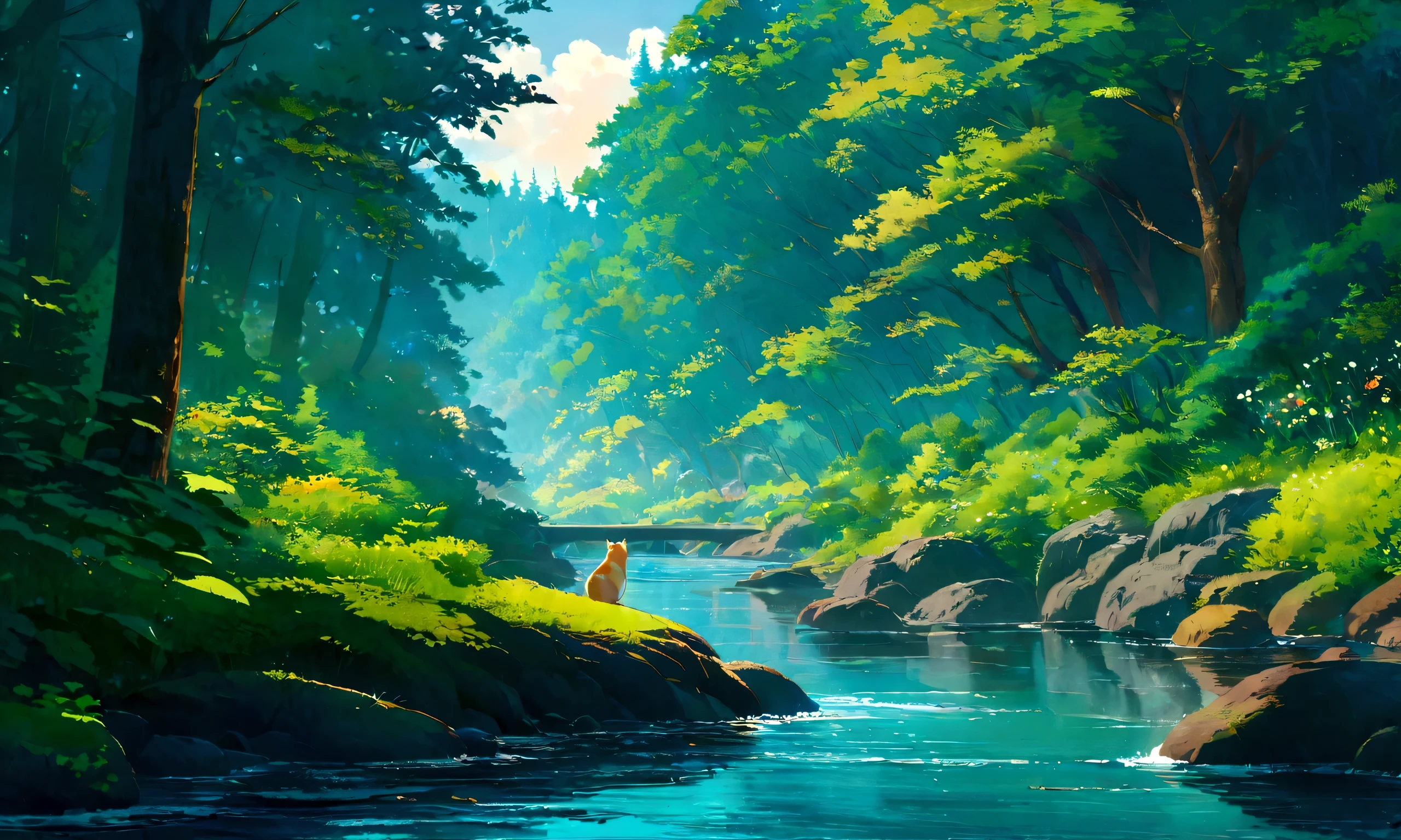 Studio Ghibli-style anime movies, Movie stills, Highest quality, masterpiece, Representative works, Official Art, Professional, Super intricate details, 8K,There is a cat in the distance, in the forest、relax、river
