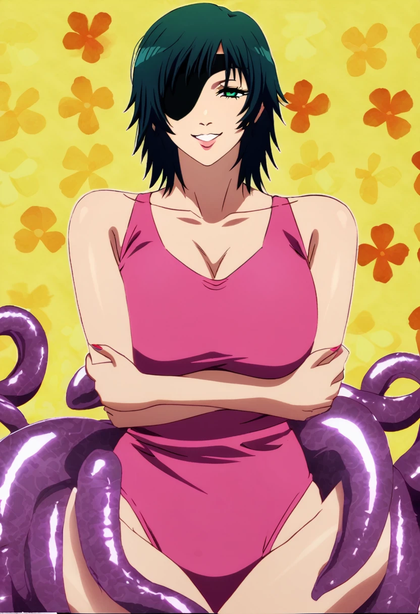 mature female, mature, Adult,((Himeno_CSM)), Himeno(Chainsaw Man), Eye patch, One Girl, solo, Grin, Villain, bad woman, chest, Black Hair, View your audience, short hair, Seductive smile, A woman sits on a group of smooth tentacles, Open your arms, Raise the hand, Tentacle Background,Pink leotard,warm feeling,masterpiece,Top animation quality,Top image quality,cinematic feeling