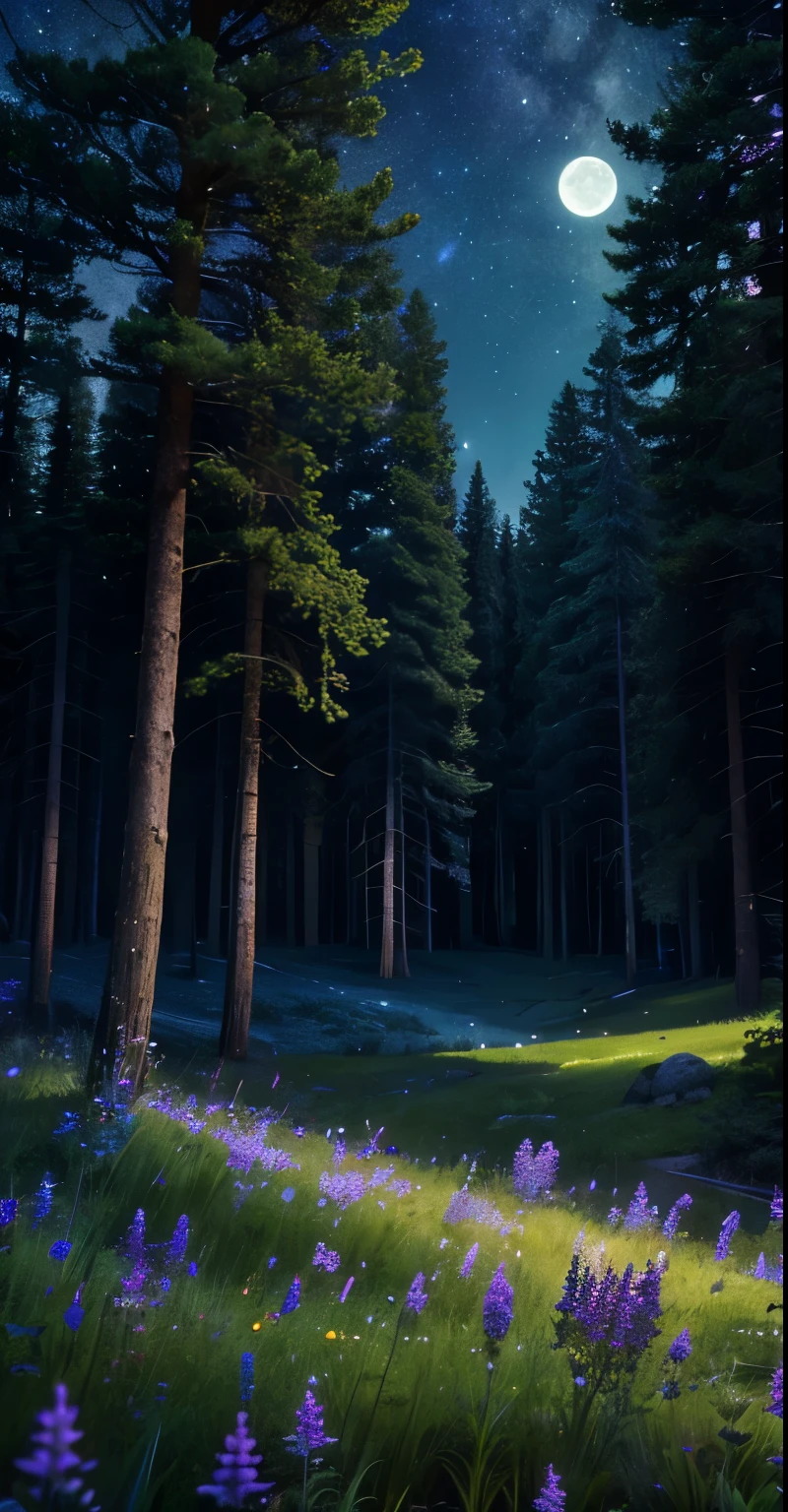 highly detailed, comforting moonlit meadow in a lush forest at night, dark colors, dark peaceful atmosphere, moonlight, night sky, stars, dense old trees, mossy rocks, long grass, wildflowers