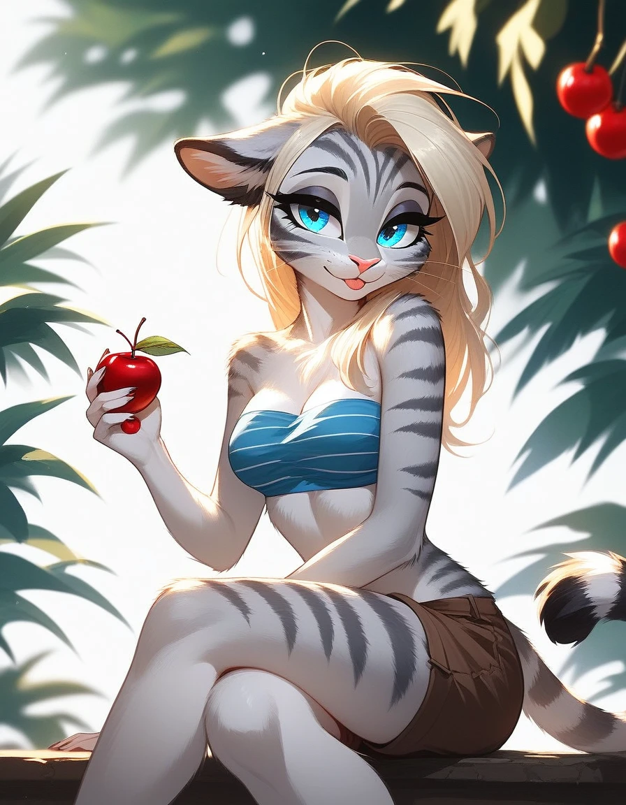 Solo, score_9,score_8_up,score_7_up, source_furry, (Kat, Anthro furry feline girl, adult female, blue eyes, blonde hair, hair in a pony tail, eyes half closed, silver fur, grey stripes, tail), wearing blue bandeau, brown shorts, standing, sitting, legs crossed, holding a cherry by the stem, licking a cherry, seductive, head tilted back, close up