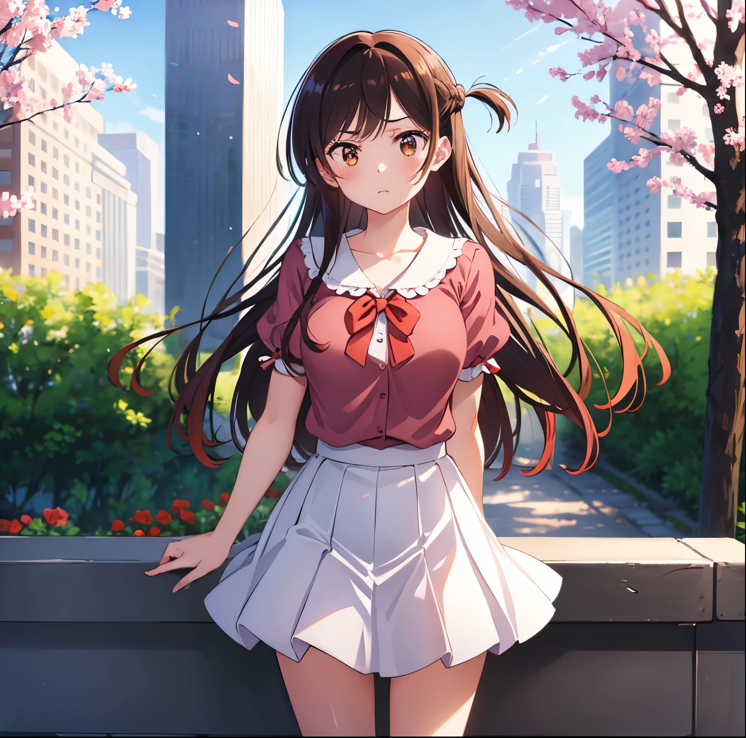 1 girl, alone, chizuru mizuhara, (masterpiece, best quality), ultra detailed, sharp focus, detailed background, detailed eyes, dynamic pose, cowboy shot, curvy body, perfect fingers, looking at viewer, brown hair, long hair , bangs, one side up, braid, brown eyes, ((pink shirt, short sleeves, red bow tie, white skirt, red bow, short puff sleeves, pleated skirt, red ribbon collar, collarbone)), big breasts, waist narrow, wide hips, medium thighs,((only)),((standing,outdoors,park,cherry trees,urban background, buildings, flowers, pink shoes, adjusting hair, wind, hair in the wind)) , looking forward, ((focus on breasts)), pov: (from middle), perfect anatomy, perfect hands