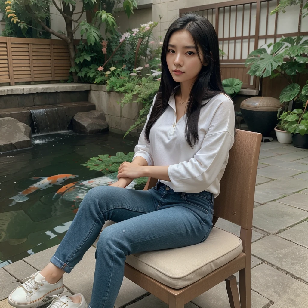 A beautiful Korean woman,long black straight hair,blue polo shirt,jeans,canvas shoes,sitting relaxed on a chair on the terrace of the house,with a koi fish pond in front,10k uhd,300 dpi.