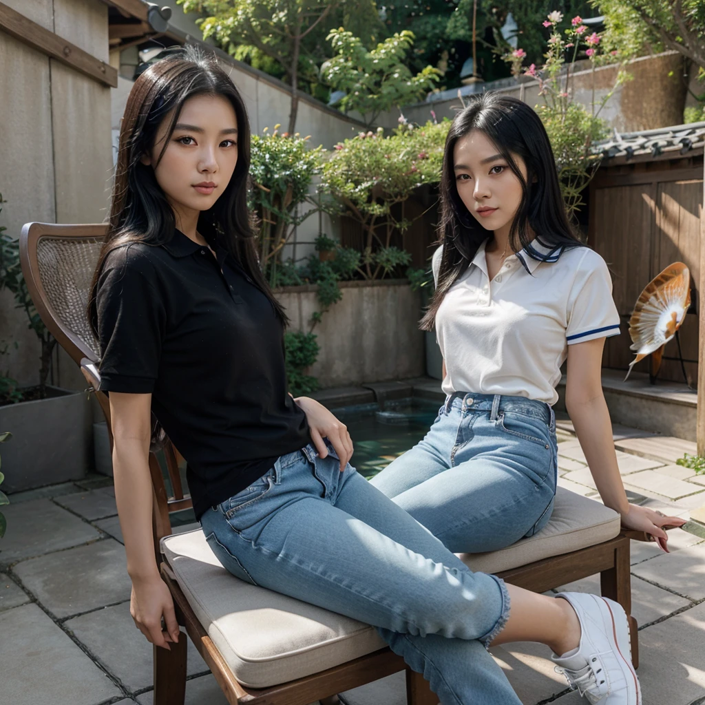 A beautiful Korean woman,long black straight hair,blue polo shirt,jeans,canvas shoes,sitting relaxed on a chair on the terrace of the house,with a koi fish pond in front,10k uhd,300 dpi.