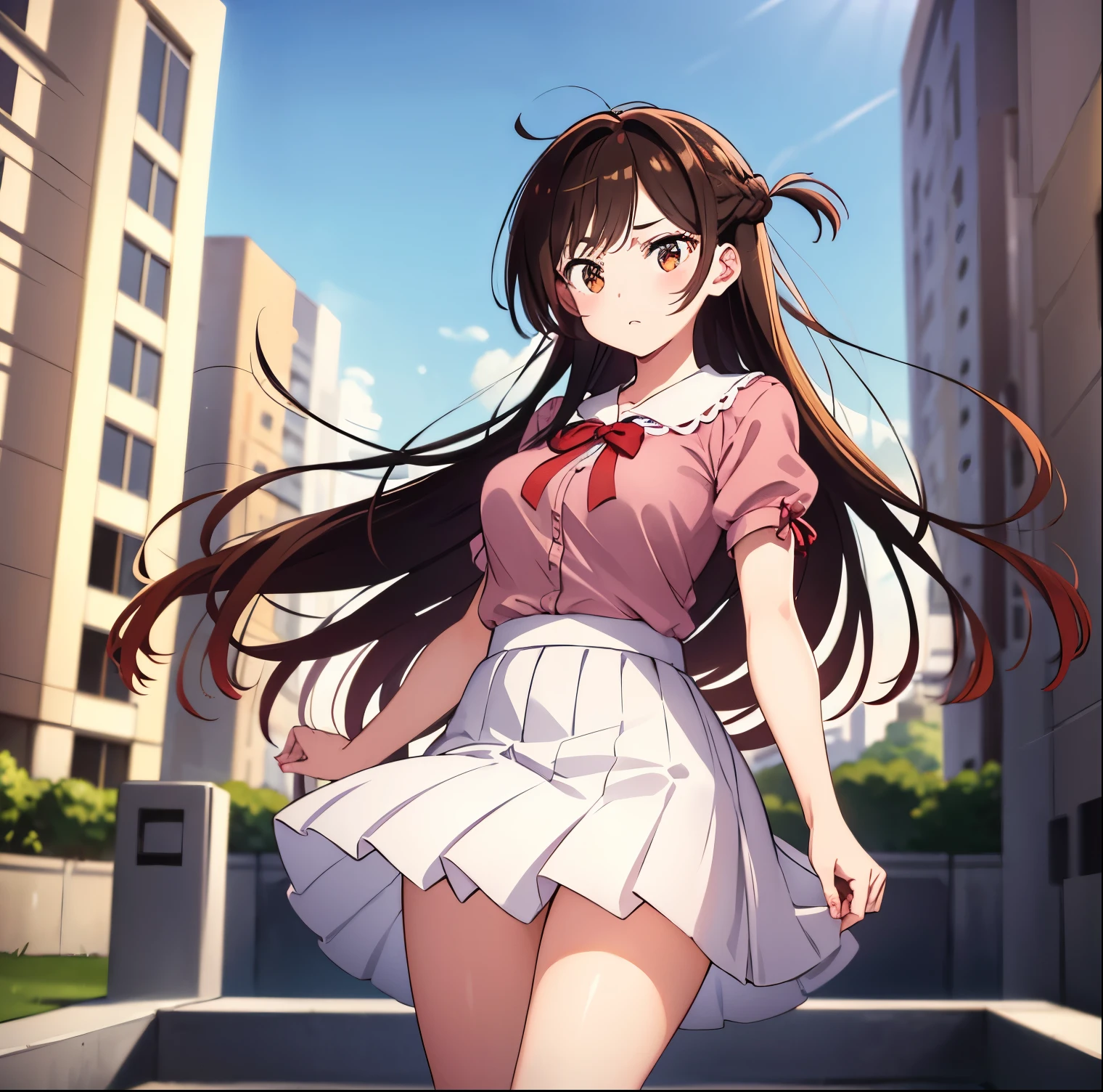 1 girl, alone, chizuru mizuhara, (masterpiece, best quality), ultra detailed, sharp focus, detailed background, detailed eyes, dynamic pose, cowboy shot, curvy body, perfect fingers, looking at viewer, brown hair, long hair , bangs, one side up, braid, brown eyes, ((pink shirt, short sleeves, red bow tie, white skirt, red bow, short puff sleeves, pleated skirt, red ribbon collar, collarbone)), big breasts, waist narrow, wide hips, medium thighs,((only)),((standing,outdoors,park,cherry trees,urban background, buildings, flowers, pink shoes, adjusting hair, wind, hair in the wind)) , looking forward, ((focus on breasts)), pov: (from middle), perfect anatomy, perfect hands