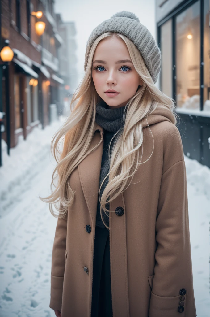 professional photography of a beautiful norwegian girl in winter clothes with long wavy blonde hair, sensual and seductive look, beautiful symmetrical face, beautiful natural makeup, wearing chic warm winter fashion clothing, ((standing outside on the snowy city street)), impressive modern urban environment, ultra realistic, conceptual artwork, chic, highy detailed, intricate, sharp focus, Depth of field, f/1. 8, 85 mm, medium shot, mid shot, (((professional color grading))), soft and bright diffused light, (Volumetric fog), Trends on Instagram, HD 4k, 8K